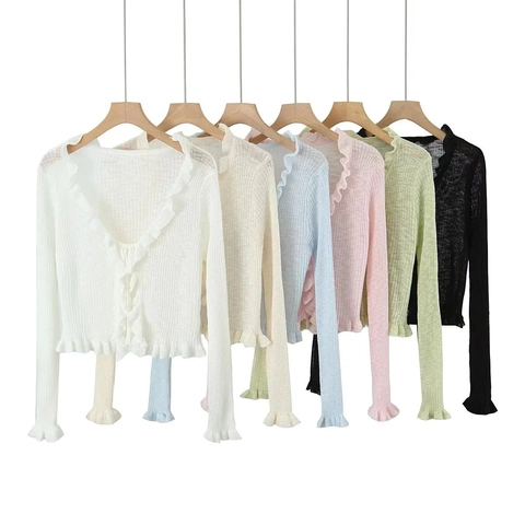Women Ruffle Trim Long Sleeve Knit Cardigan Tie Front Ribbed Sheer Crop Top Lightweight Solid Sun Protection Outerwear