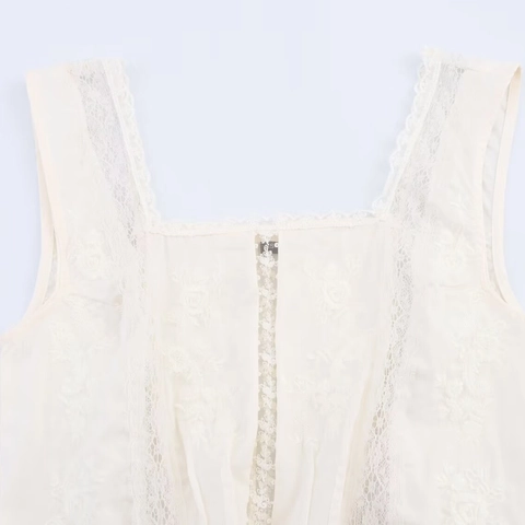 Damen Französischer Vintage Eckiger Ausschnitt Schößchen Top Sexy Spitze Blumenstickerei Ärmellose Bluse Kordelzug Sommer