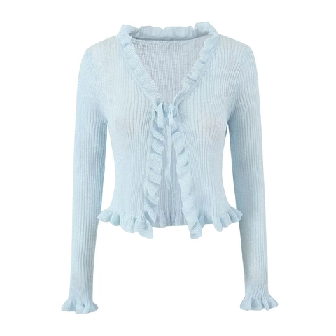 Women Ruffle Trim Long Sleeve Knit Cardigan Tie Front Ribbed Sheer Crop Top Lightweight Solid Sun Protection Outerwear