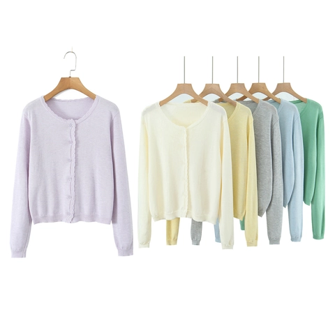 Cárdigan de Punto Elegante para Mujer Ribete Festoneado Cuello Redondo De Una Sola Botonadura Manga Larga Color Sólido Suéter Delgado Top Casual