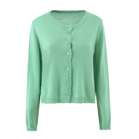 Cárdigan de Punto Elegante para Mujer Ribete Festoneado Cuello Redondo De Una Sola Botonadura Manga Larga Color Sólido Suéter Delgado Top Casual