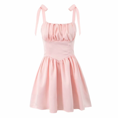 Women Sexy Backless Satin Mini Dress Bow Tie Strap Ruched Chest Sweet A-Line Party Summer Sundress Sleeveless Clothing