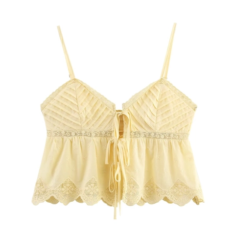 Damen Süß Spitze Stickerei Trägertop Vintage Rüschenbesatz Bindeband Ärmellos Tanktop Cottagecore Atmungsaktiv Baumwollmischung Sommer Top