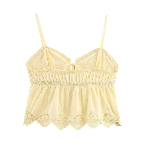 Damen Süß Spitze Stickerei Trägertop Vintage Rüschenbesatz Bindeband Ärmellos Tanktop Cottagecore Atmungsaktiv Baumwollmischung Sommer Top