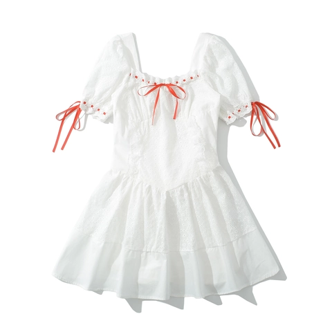 Abito Mini in Pizzo Traforato Dolce Francese Scollo Quadrato Maniche a Sbuffo Con Fiocco in Nastro Rosso Ricamo Cotone Linea A