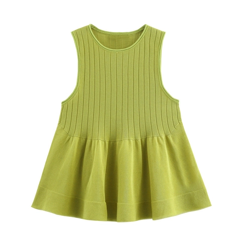Women's Casual Sleeveless Ribbed Knitted Top Round Neck Peplum Hem Solid Color Elegant Spring Summer Vest Tank Top