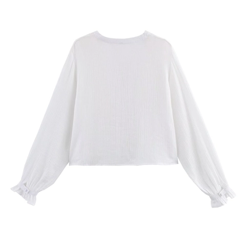 Damen V-Ausschnitt Langarm Stickerei Lochbluse Vintage Blumen Baumwollmischung Hemd Mit Knöpfen Böhmisch Süßes Top