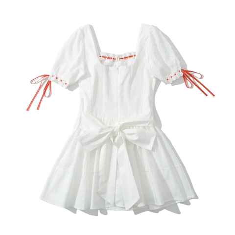 Abito Mini in Pizzo Traforato Dolce Francese Scollo Quadrato Maniche a Sbuffo Con Fiocco in Nastro Rosso Ricamo Cotone Linea A
