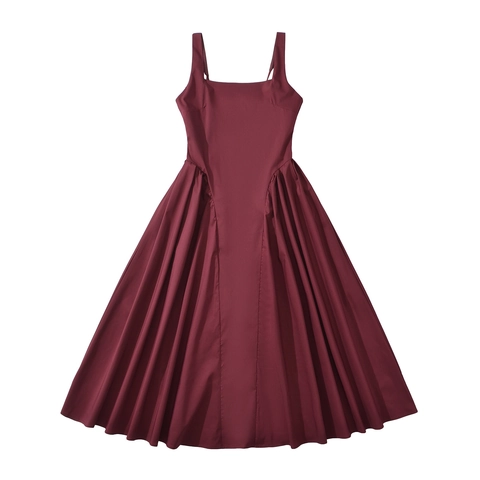Women French Vacation Style Wine Red Pleated Sling A-Line Dress Square Neck Sleeveless High Waist Elegant Midi Long Dress