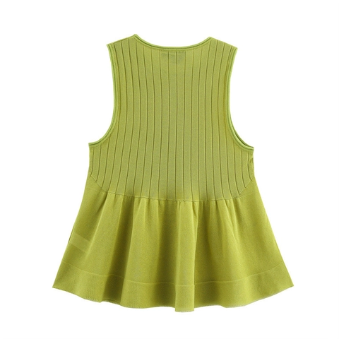 Women's Casual Sleeveless Ribbed Knitted Top Round Neck Peplum Hem Solid Color Elegant Spring Summer Vest Tank Top