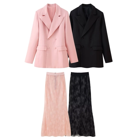 Elegant Notched Lapel Double Breasted Blazer And Floral Lace Long Skirt Matching Outfit For Professional Women Fashion