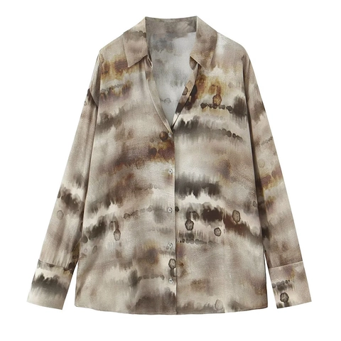 Women Tie Dye Shirt And Pants Top And Bottom Artistic Ink Wash Print Long Sleeve Top And Wide Leg Bottom Casual Loungewear Co-ord