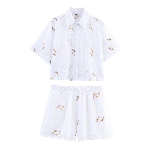 Women White Cotton Blend Eyelet Shirt And Shorts Floral Embroidered Short Sleeve Button Top Elastic Waist Summer Outfits