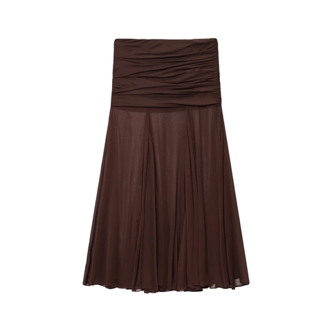 Women Sexy Semi Transparent Ruched Maxi Skirt High Waist Coffee Color Solid Chiffon Street Style Long Bodycon Skirt
