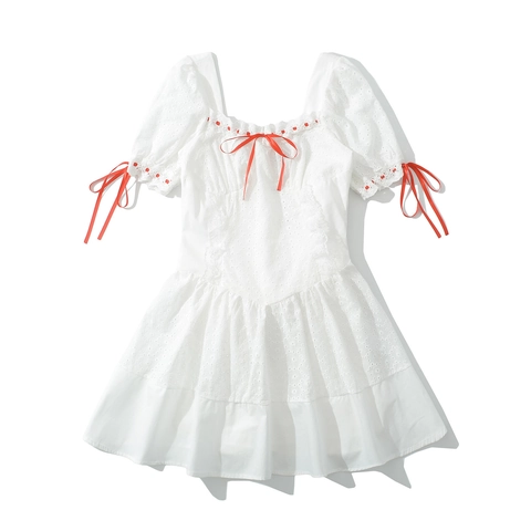 Women Sweet French Eyelet Lace Mini Dress Square Neck Puff Sleeve With Red Ribbon Bow Cotton Embroidery A-Line Short Dress