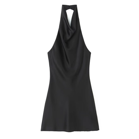Γυναικείο Σατέν Mini Φόρεμα με Cowl Neck Halter Εξώπλατο Μαύρο Σέξι Αμάνικο Φόρεμα Πάρτι Κοκτέιλ