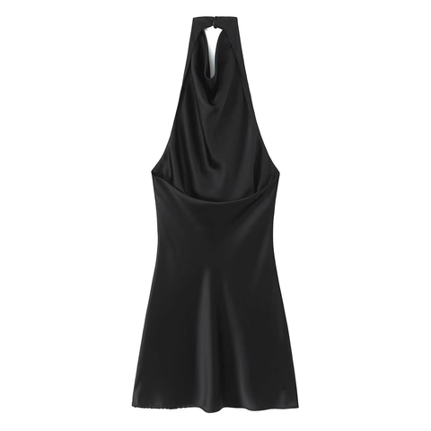 Γυναικείο Σατέν Mini Φόρεμα με Cowl Neck Halter Εξώπλατο Μαύρο Σέξι Αμάνικο Φόρεμα Πάρτι Κοκτέιλ