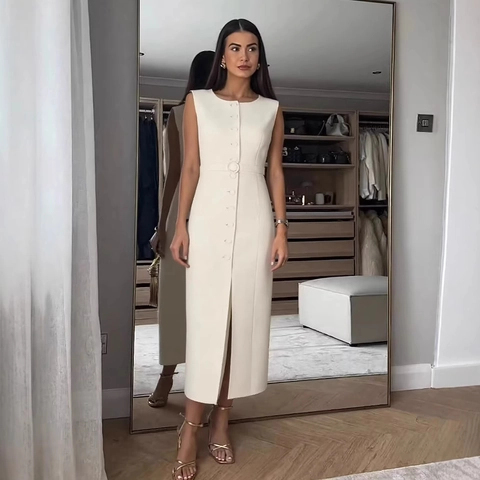 Women Elegant Sleeveless Round Neck Single Breasted Maxi Dress With Belt Solid Color Slim Fit Lady Style Office Long Dress