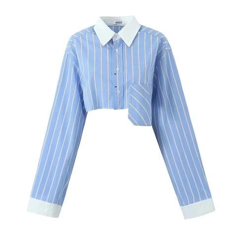 Women's Cropped Striped Cotton Shirt Long Sleeve Turn-down Collar Contrast White Cuffs Casual Streetwear Blouse Chic Spring Top