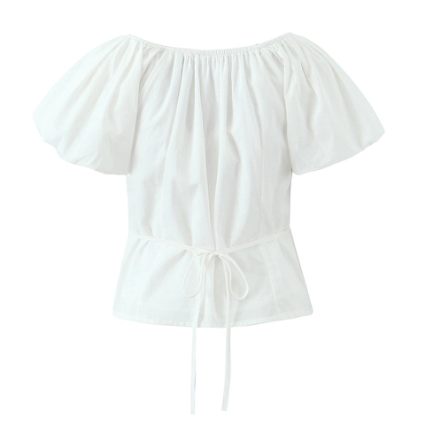 Blusa de Algodón Blanca Estilo Francés para Mujer Mangas Abullonadas Encaje Botones Cordón Top Dulce Princesa Camisa