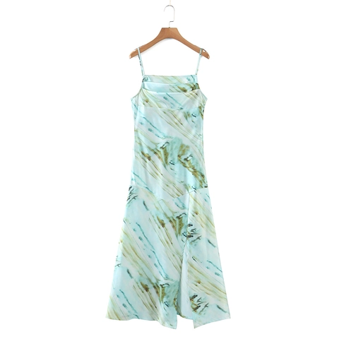 Zomer Dames Digitale Marmeren Print Satijn Spaghettibandjes Jurk Zijsplit A-lijn Mouwloze Midi Jurk Street Style