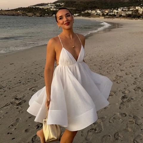 Women Sexy Deep V Neck Halter Mini Dress Backless Lace Up Chiffon Layered A Line Vacation Beach Party Solid Color Sun Dress