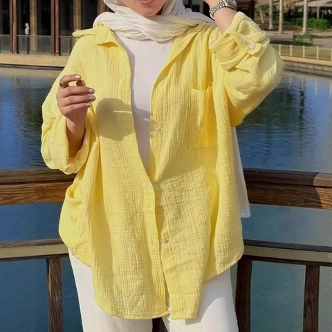 Damen Casual Baumwollmischung Langarm Button Down Hemd Mit Tasche Hellgelb Texturiert Musselin Bluse Roll-Tab Ärmel Top