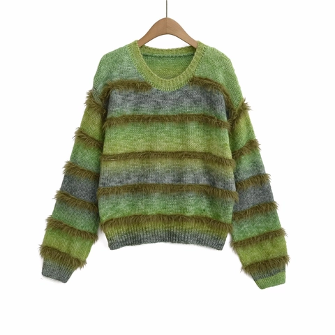 Damen Gestreifter Strickpullover Mit Kunstfell-Fransen Rundhalsausschnitt Langarm Vintage Boho Farblock Strickoberteil