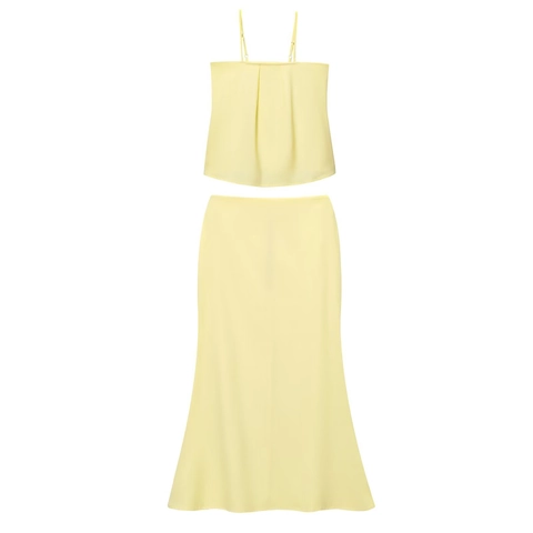 Top de Camisola Plisada de Verano Para Mujer Y Falda Midi Mezcla de Algodón Y Lino Minimalista Vacaciones Casual Atuendos Amarillo Pálido
