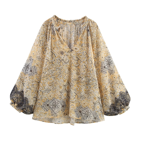 Γυναικείο Bohem Σύνολο Πουκάμισο και Φούστα με Paisley Print Λαιμόκοψη V Μακρυμάνικο με Μανίκια Φανάρι και Midi Φούστα με Φούντες και Ελαστική Μέση