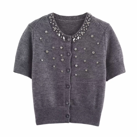 Women Elegant Short Sleeve Knit Cardigan Round Neck Rhinestone Embellished Button Up Sweater Soft Polyester Top Dark Gray