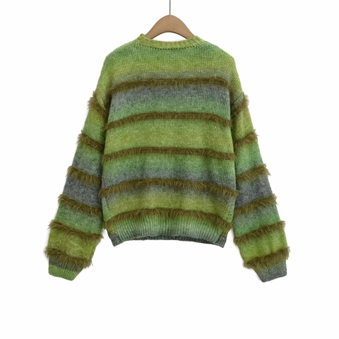 Damen Gestreifter Strickpullover Mit Kunstfell-Fransen Rundhalsausschnitt Langarm Vintage Boho Farblock Strickoberteil