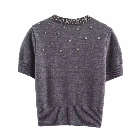 Women Elegant Short Sleeve Knit Cardigan Round Neck Rhinestone Embellished Button Up Sweater Soft Polyester Top Dark Gray