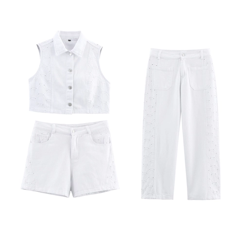 Women White Denim Three Piece Set Eyelet Embroidery Sleeveless Vest Gilet Shorts And Straight Leg Pants Casual Vacation Outfit