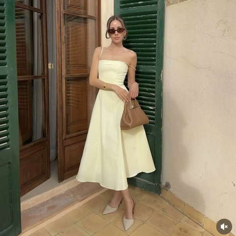 French Style Solid Color Spaghetti Strap Midi Dress Sexy Backless A-Line Square Neck Sleeveless Resort Dress For Women