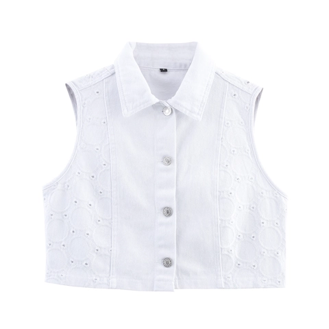 Women White Denim Three Piece Set Eyelet Embroidery Sleeveless Vest Gilet Shorts And Straight Leg Pants Casual Vacation Outfit