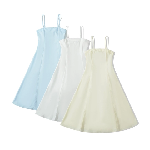 French Style Solid Color Spaghetti Strap Midi Dress Sexy Backless A-Line Square Neck Sleeveless Resort Dress For Women