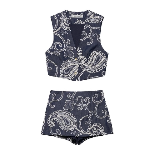 Women Embroidered Paisley Sleeveless Vest And Shorts Top And Bottom Denim Texture Boho Ethnic V Neck Waistcoat Shorts