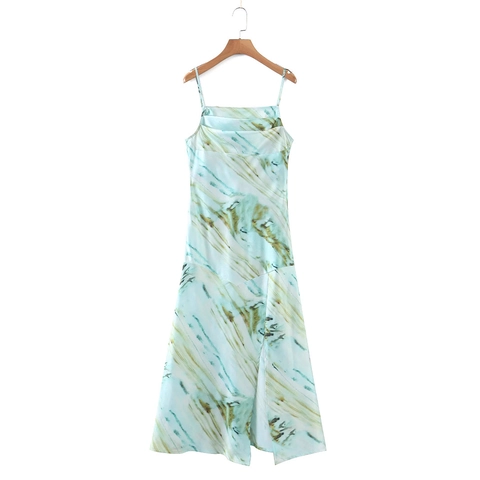Zomer Dames Digitale Marmeren Print Satijn Spaghettibandjes Jurk Zijsplit A-lijn Mouwloze Midi Jurk Street Style