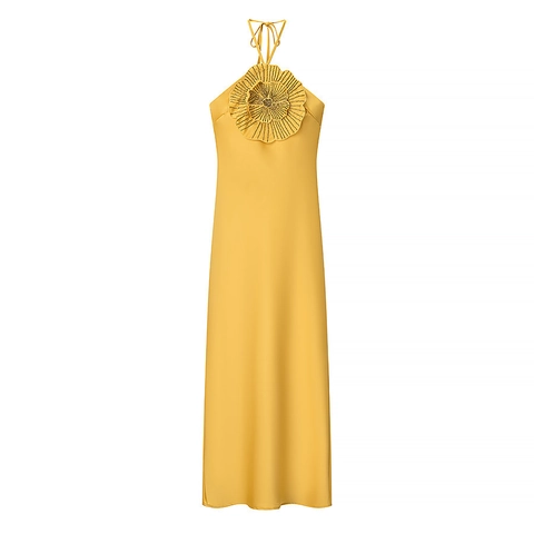 Damen Sommer Gelb Neckholder Maxi Kleid Mit 3D Blumen Dekoration Satin Rückenfrei Party Kleid Lang A-Linie Streetwear Kleid