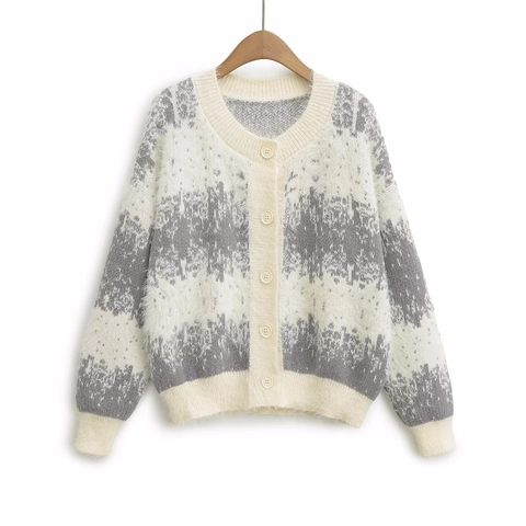 Women Gradient Striped Knitted Cardigan Round Neck Long Sleeve Loose Sweater Button Up Knitwear Fashion Outerwear Top