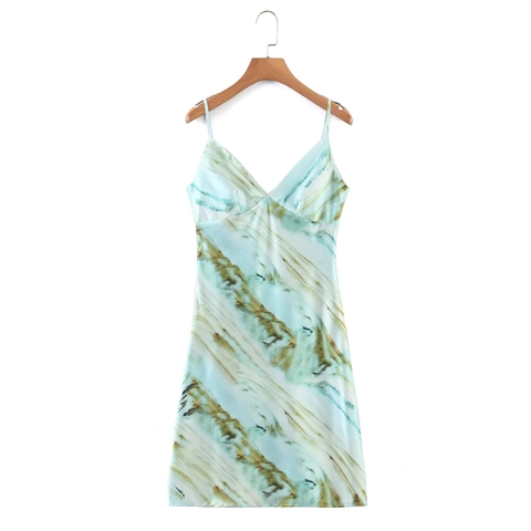 Abito da Donna in Raso Con Stampa Marmo Scollo a V Tie-Dye Senza Maniche a Linea A Estivo Casual Streetwear Mini Abito