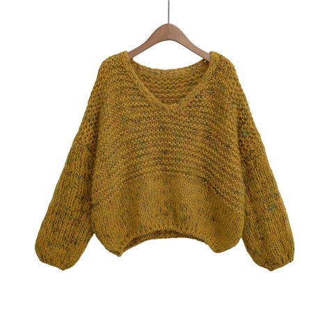 Women Casual Mustard Yellow V Neck Chunky Knit Sweater Loose Drop Shoulder Long Sleeve Top With Colorful Speckled Detail