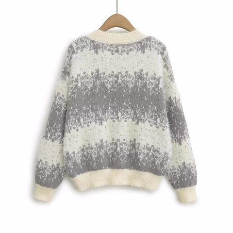 Women Gradient Striped Knitted Cardigan Round Neck Long Sleeve Loose Sweater Button Up Knitwear Fashion Outerwear Top