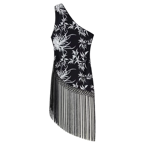 Abito Mini Asimmetrico Monospalla Casual da Donna Nero Bianco Stampa Floreale Frange Nappine Senza Maniche Festa