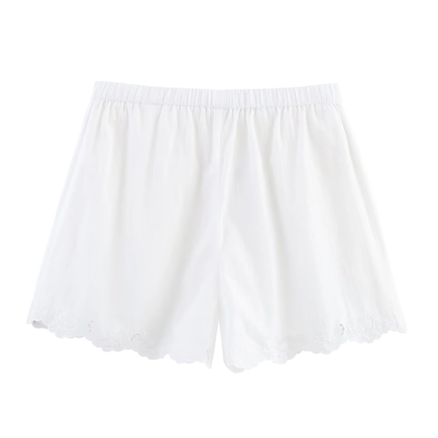 Pantaloncini Donna in Misto Cotone Ricamati Bordo a Festone Vita Alta Elastica Estate Casual Casa Stile Pigiama Shorts