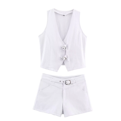 Women's Casual Polyester Denim Style Buckle Vest and Shorts Set Solid Color Patchwork Streetwear Summer Top and Bottom