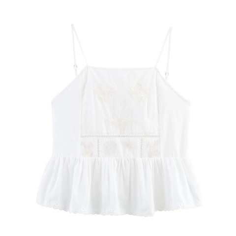 Canotta da Donna Bianca in Misto Cotone con Ricamo Floreale Sexy Orlo a Volant Spalline Regolabili Senza Maniche Summer Crop Top