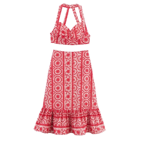 Women Hollow Out Embroidery Floral Two Piece Skirt Set Halter Crop Top And Ruffle Maxi Skirt Set Bohemian Vacation Outfit