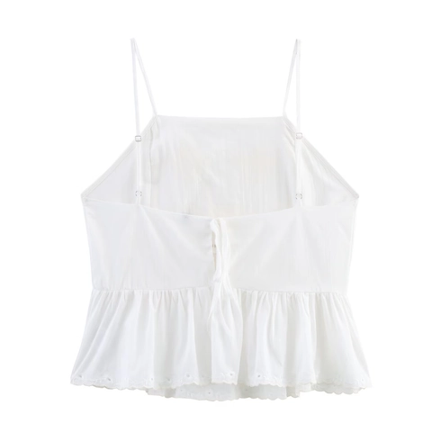 Canotta da Donna Bianca in Misto Cotone con Ricamo Floreale Sexy Orlo a Volant Spalline Regolabili Senza Maniche Summer Crop Top